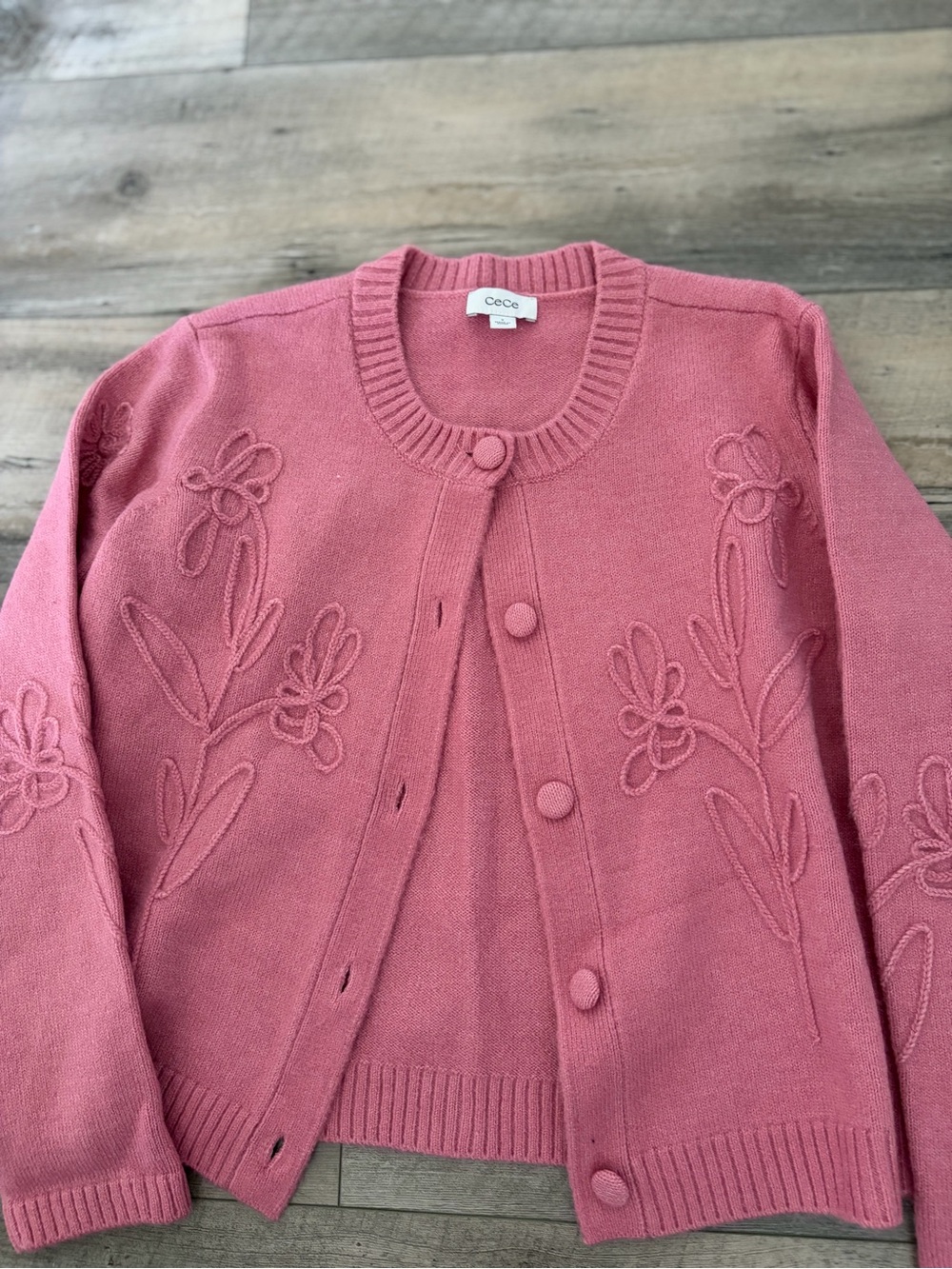 CeCe Dusty Rose Floral Applique Button-Front Cardigan